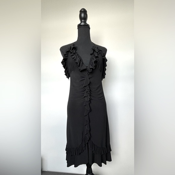 Women's Elegant V Neck Ruffle Trim Open Back Halter Black Cocktail Dress Midi M - Picture 5 of 8